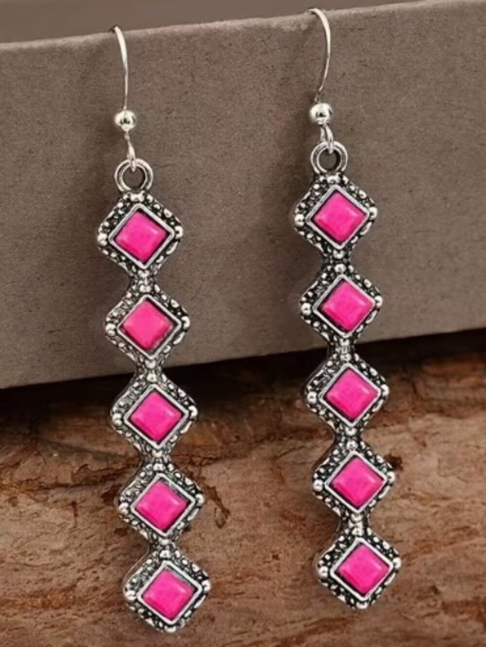 Retro Style Bohemian Long Strip Square Spliced Pink Turquoise Earrings